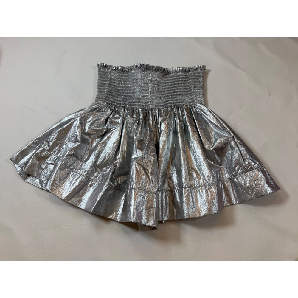 Koch Metallic Silver Smocked High-Waist Shorts Size S USA-Made Shiny (bin S113)